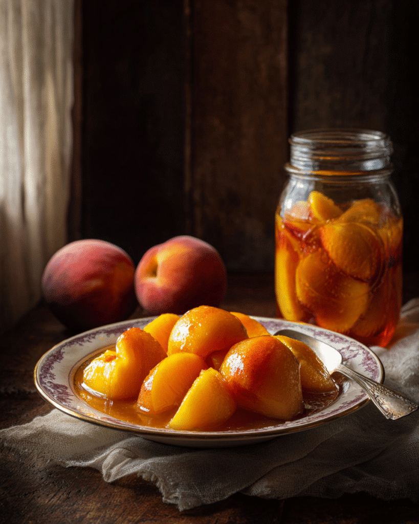 Bowl of home-canned peaches ready to eat