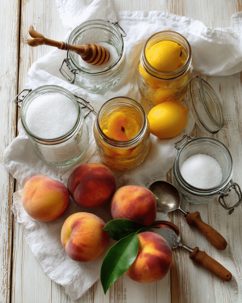 Ingredients and tools for canning peaches at home