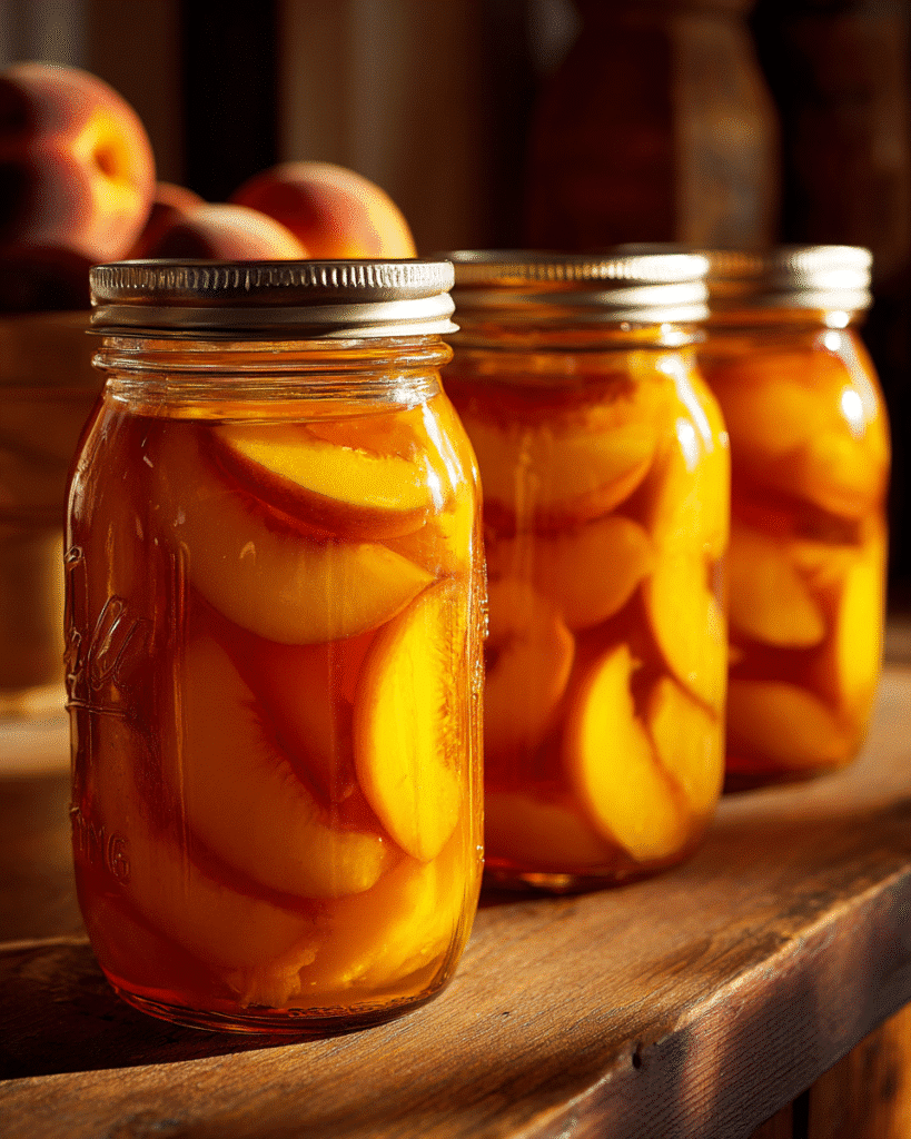 Home-canned peaches in glass jars on a rustic wooden counter