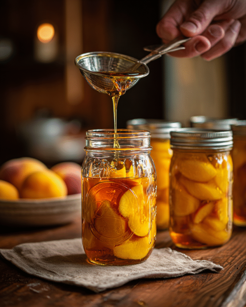 Step-by-step canning peaches in mason jars with syrup