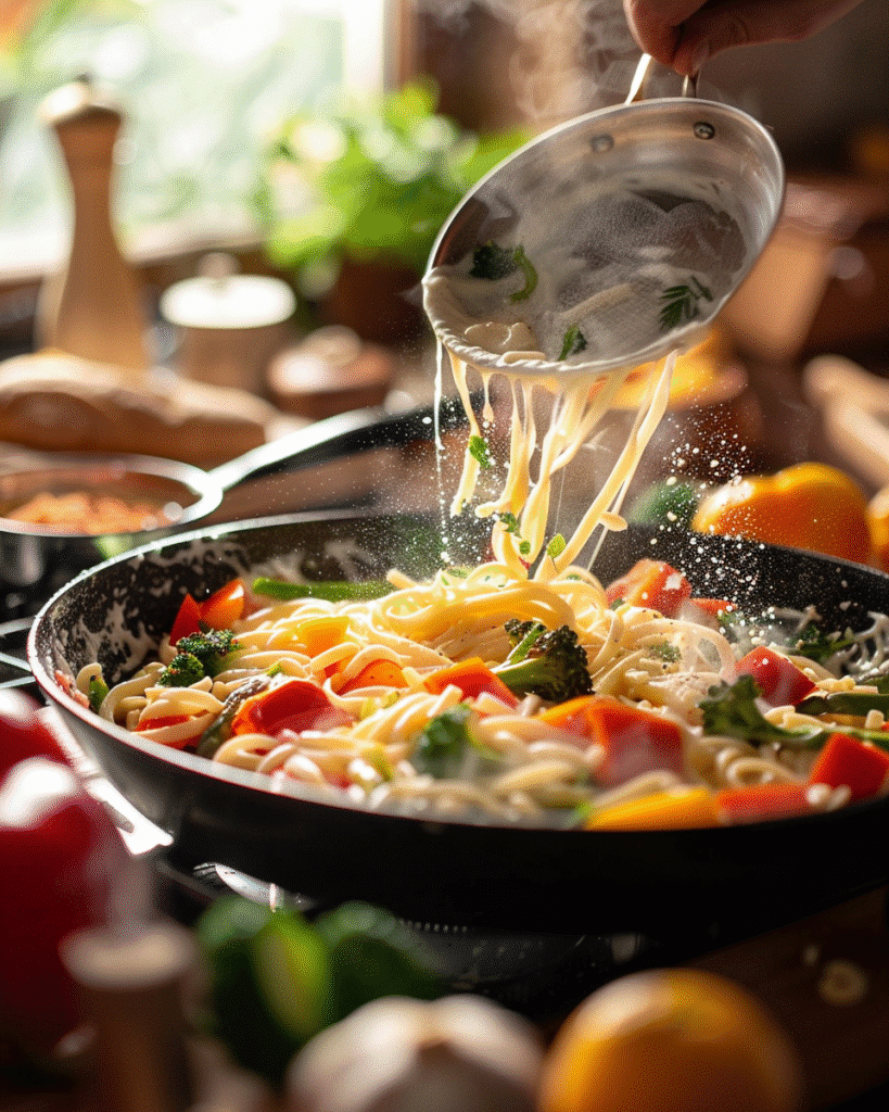Creamy vegetarian pasta being prepared in a skillet with colorful vegetables