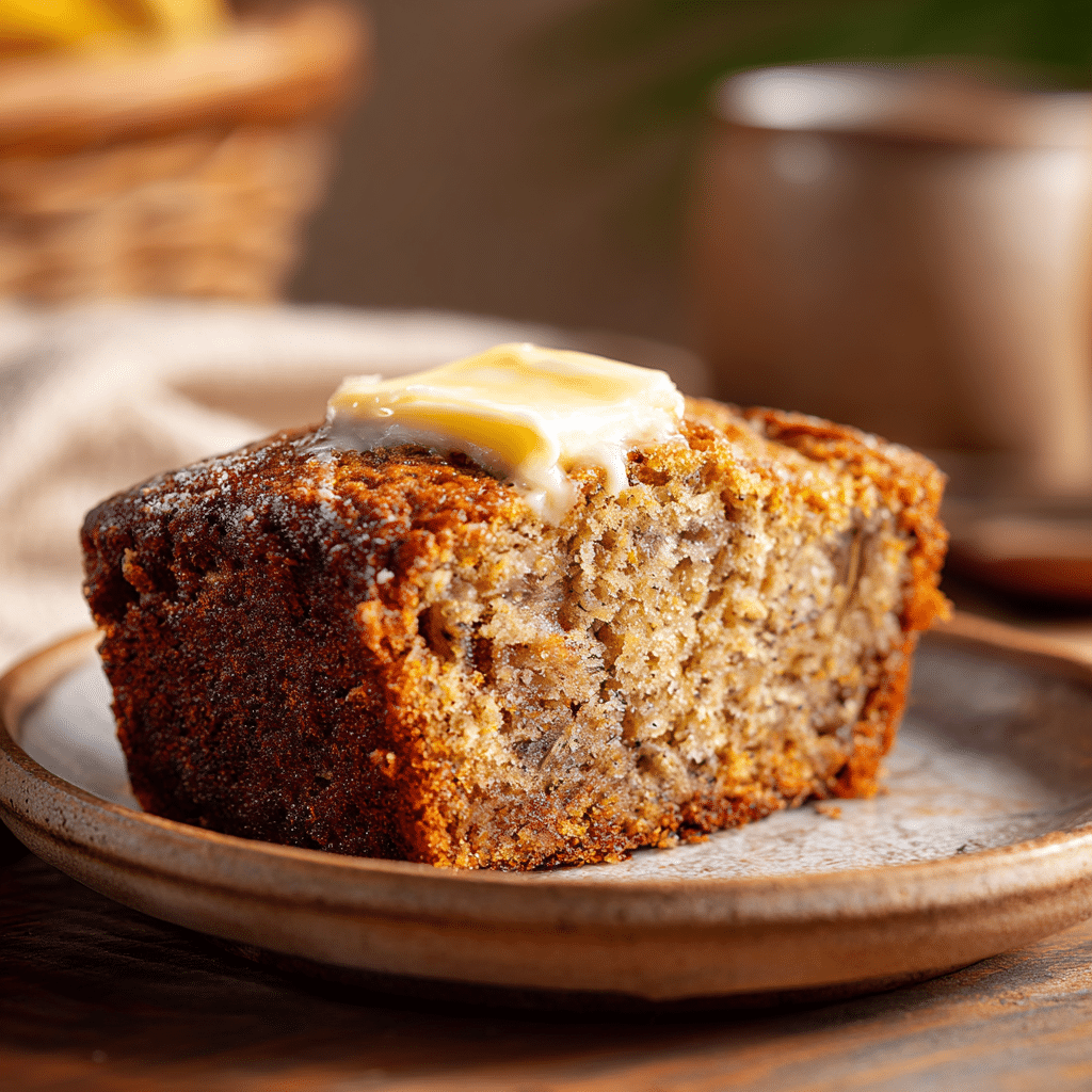 Moist slice of Banana Bread Recipe served with butter

