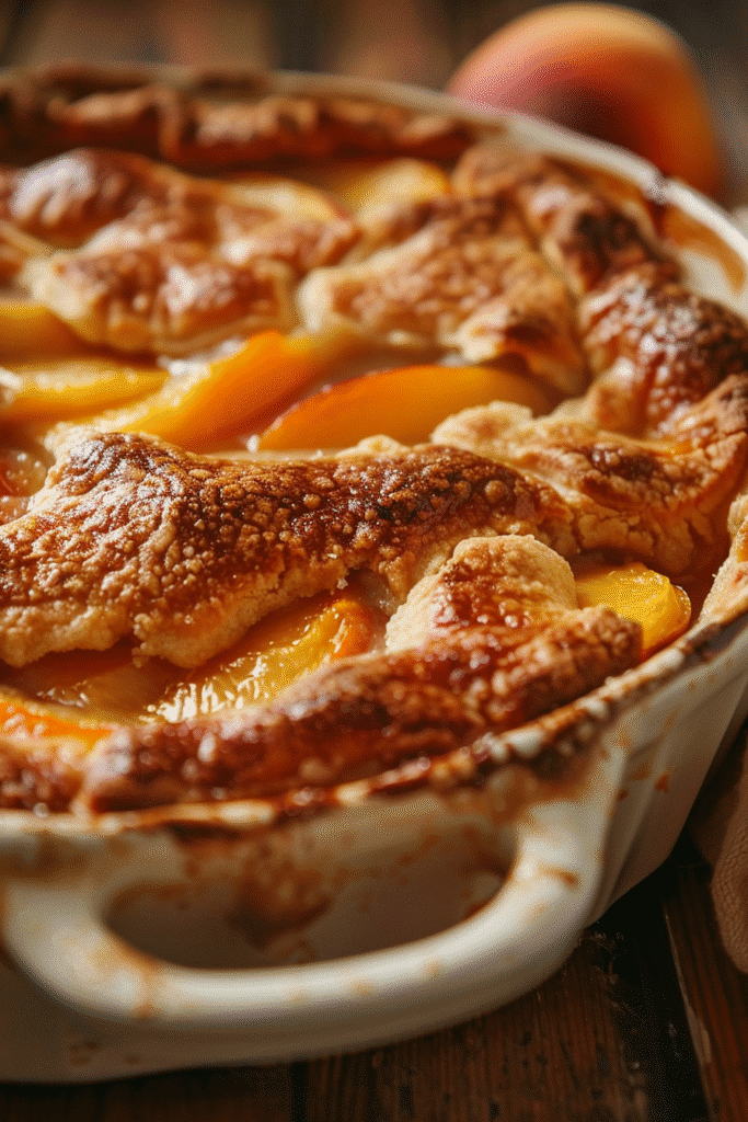 Easy Southern Peach Cobbler Recipe in rustic baking dish with golden crust