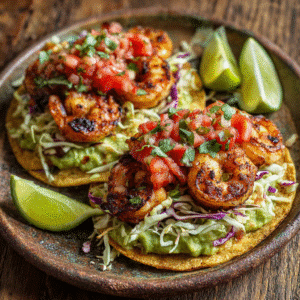 Shrimp Tostadas with Guac and Fresh Salsa on rustic plate