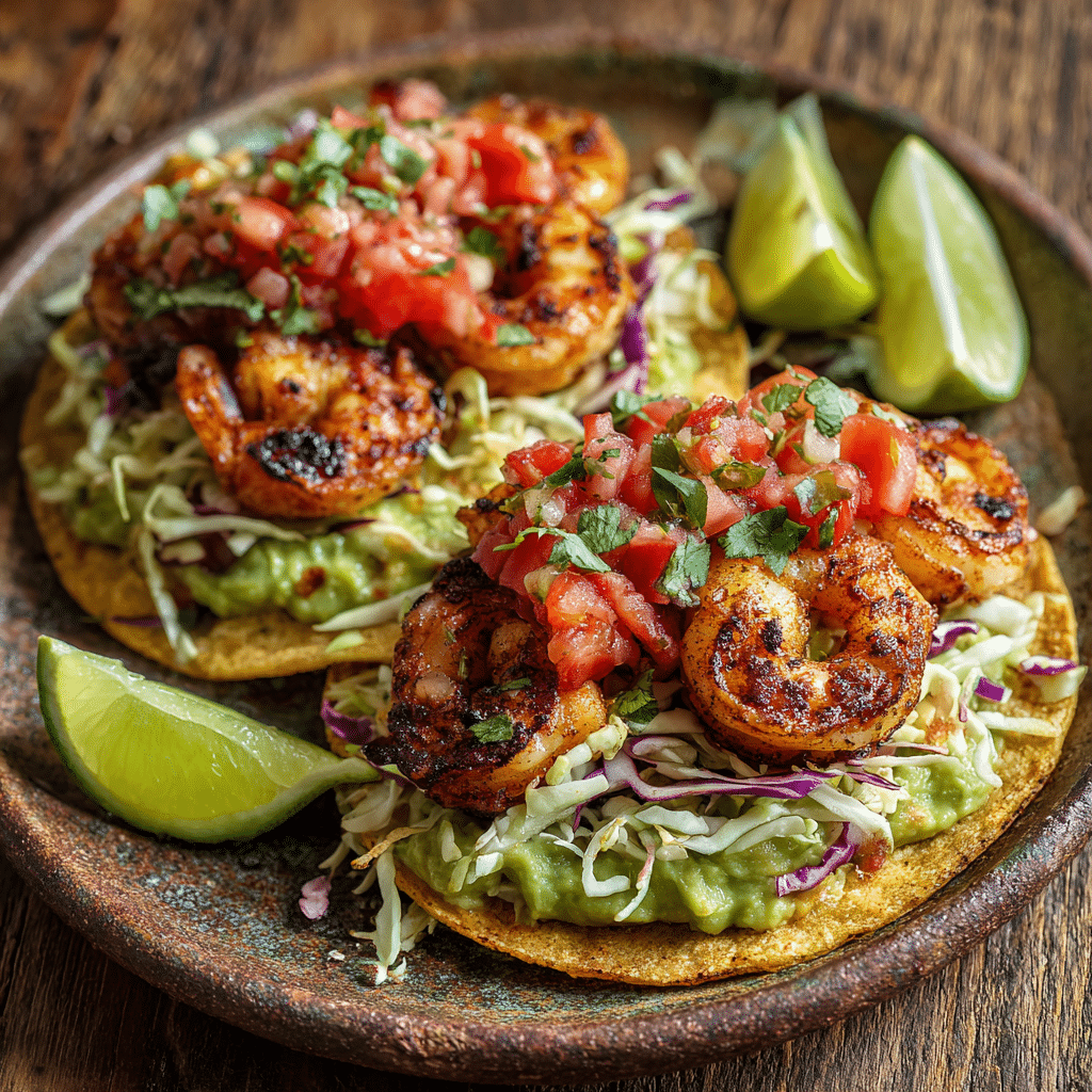 Shrimp Tostadas with Guac and Fresh Salsa on rustic plate
Easy Summer Shrimp Tostadas with Guac & Fresh Salsa