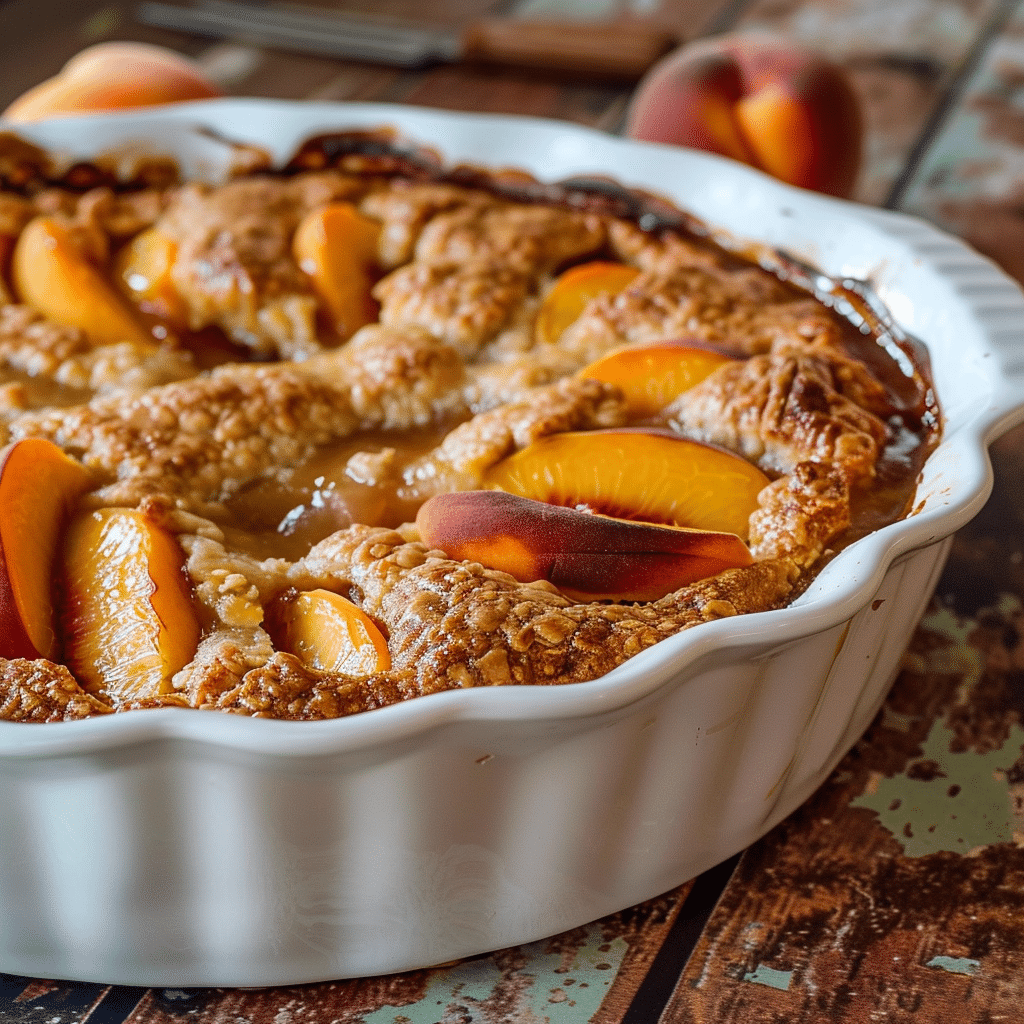Fresh Peach Cobbler baked golden and bubbling