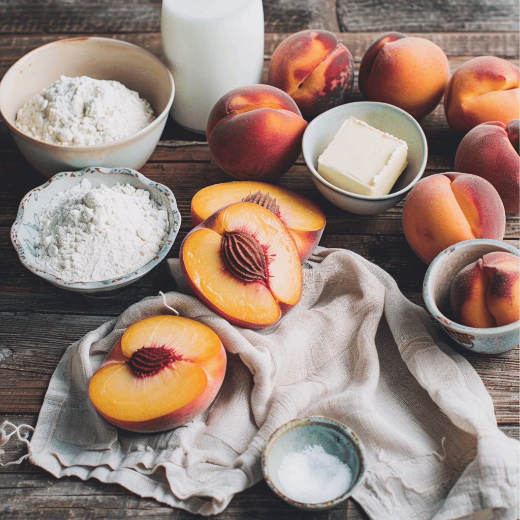 Ingredients for Fresh Peach Cobbler on rustic wood