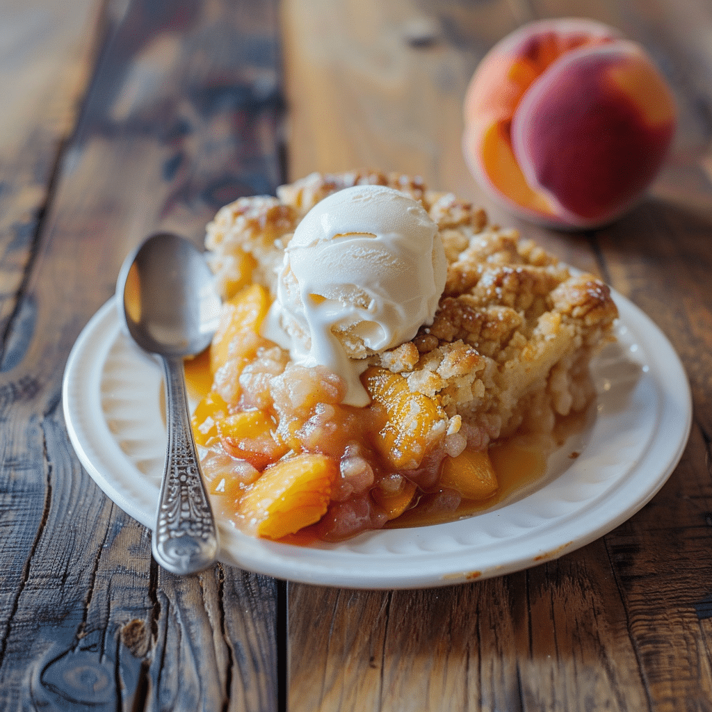 Serving of Fresh Peach Cobbler with ice cream