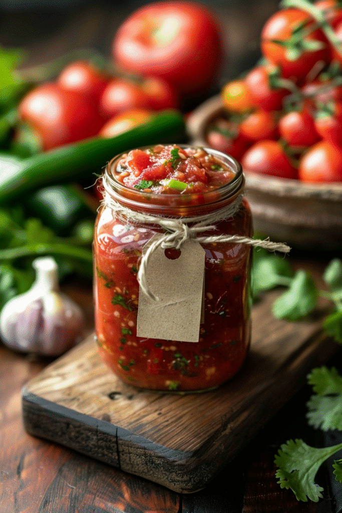 Homemade fresh salsa canned in glass jar