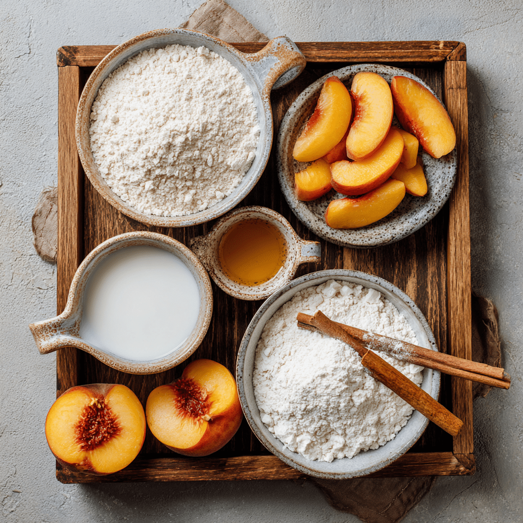 Ingredients for gluten free peach cobbler including flour, peaches, cinnamon, and almond milk