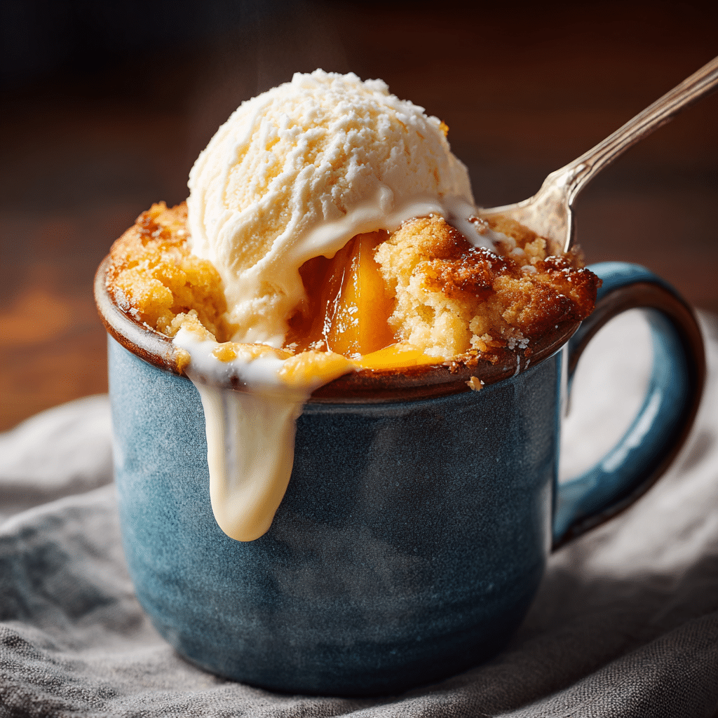 Gluten free peach cobbler in mug with dairy free ice cream on top