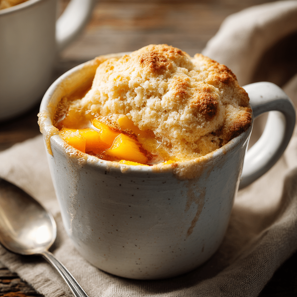 Gluten Free Dorm Meals peach cobbler in a mug with golden topping and warm peach filling