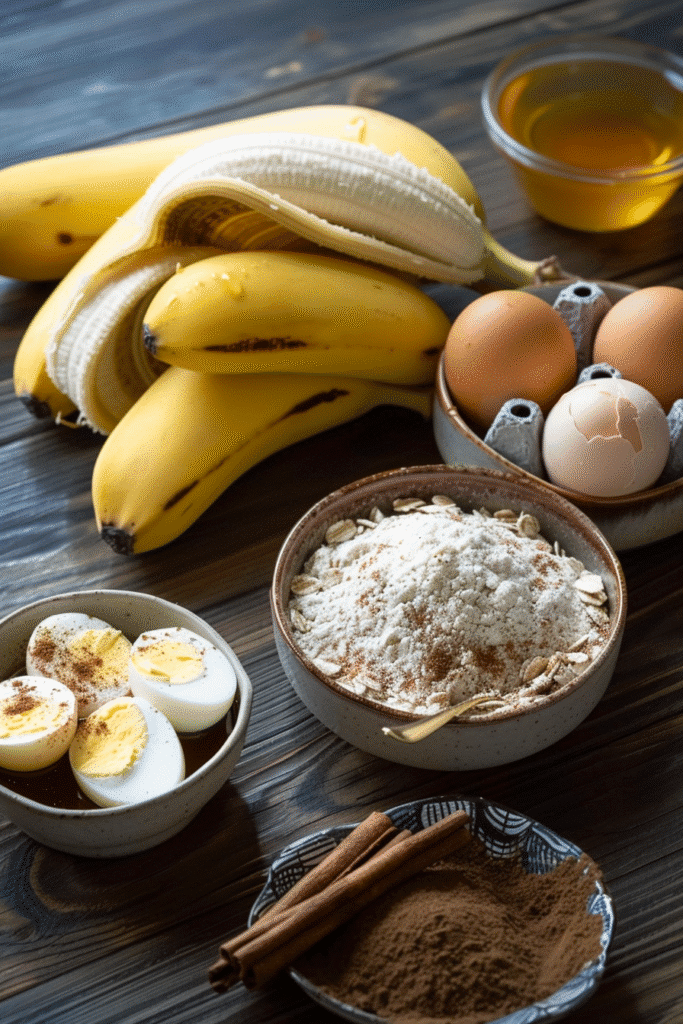 Ingredients for butterless banana bread with 3 bananas