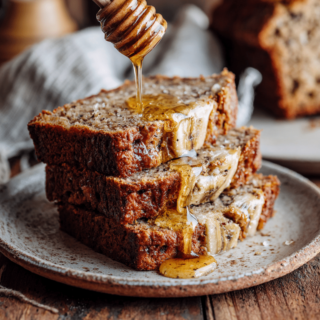 Slice of Best Healthy Banana Bread with honey drizzle