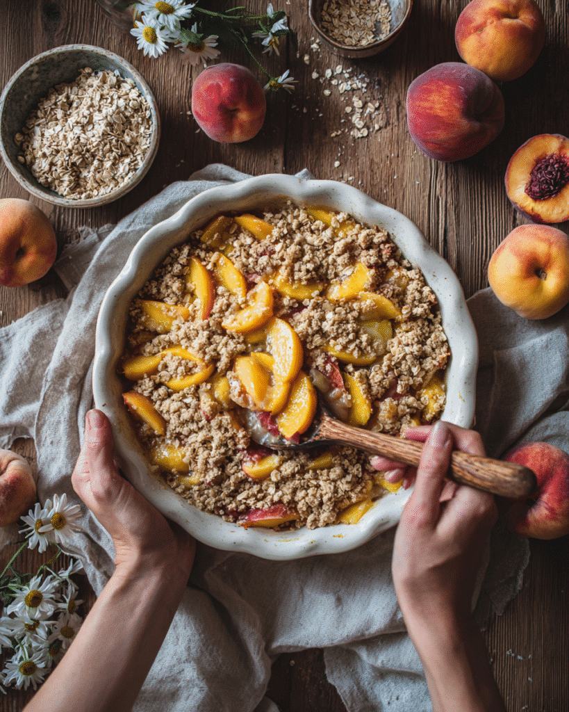 Assembling a healthy peach cobbler in a baking dish