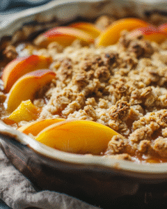 Healthy peach cobbler with oat topping and fresh peach filling