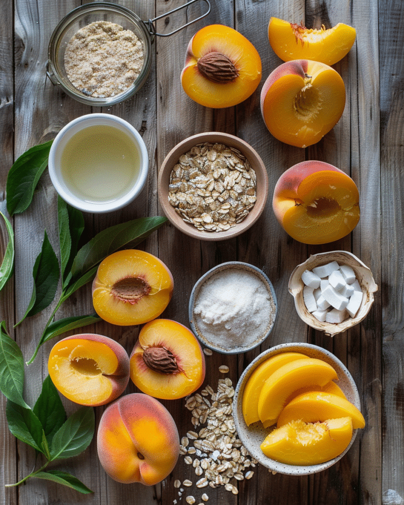 Ingredients for healthy peach cobbler laid out on rustic surface