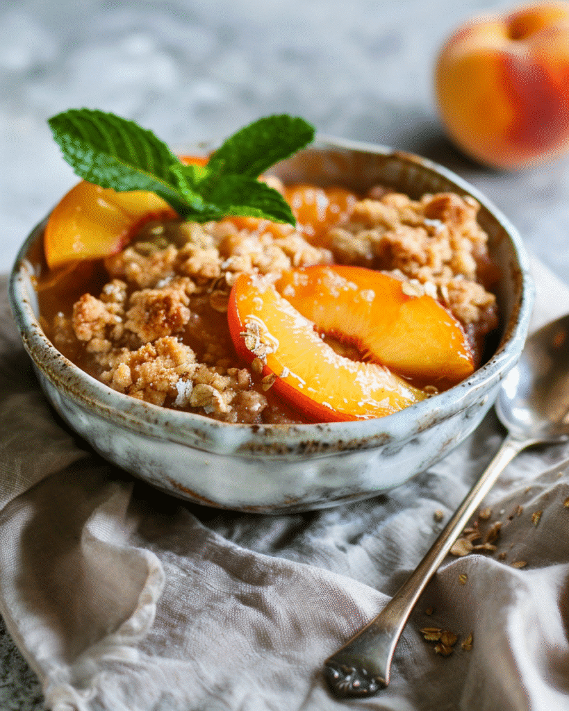 Served healthy peach cobbler in a bowl with mint garnish