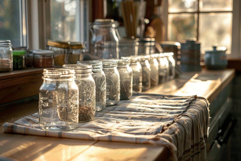 Clean canning jars ready for oven sterilization