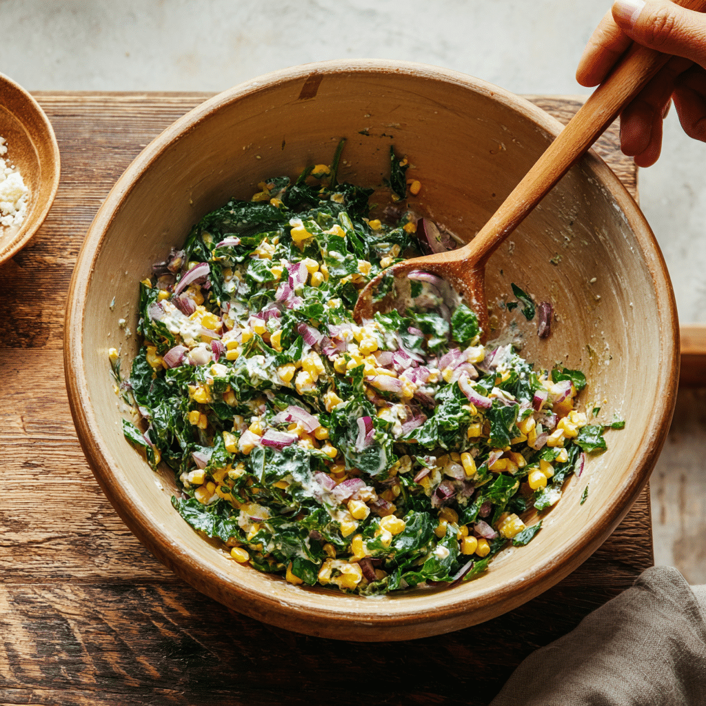 Mixing kale and corn with lime dressing for salad