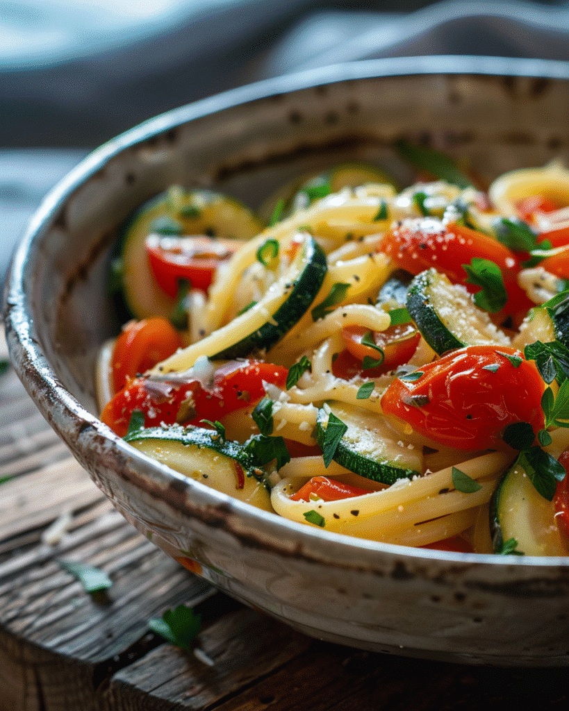 Creamy meals for one vegetarian pasta dish served warm with sautéed vegetables in a rustic bowl