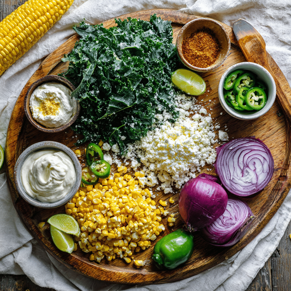 Ingredients for Mexican Street Corn Kale Salad on wooden board
