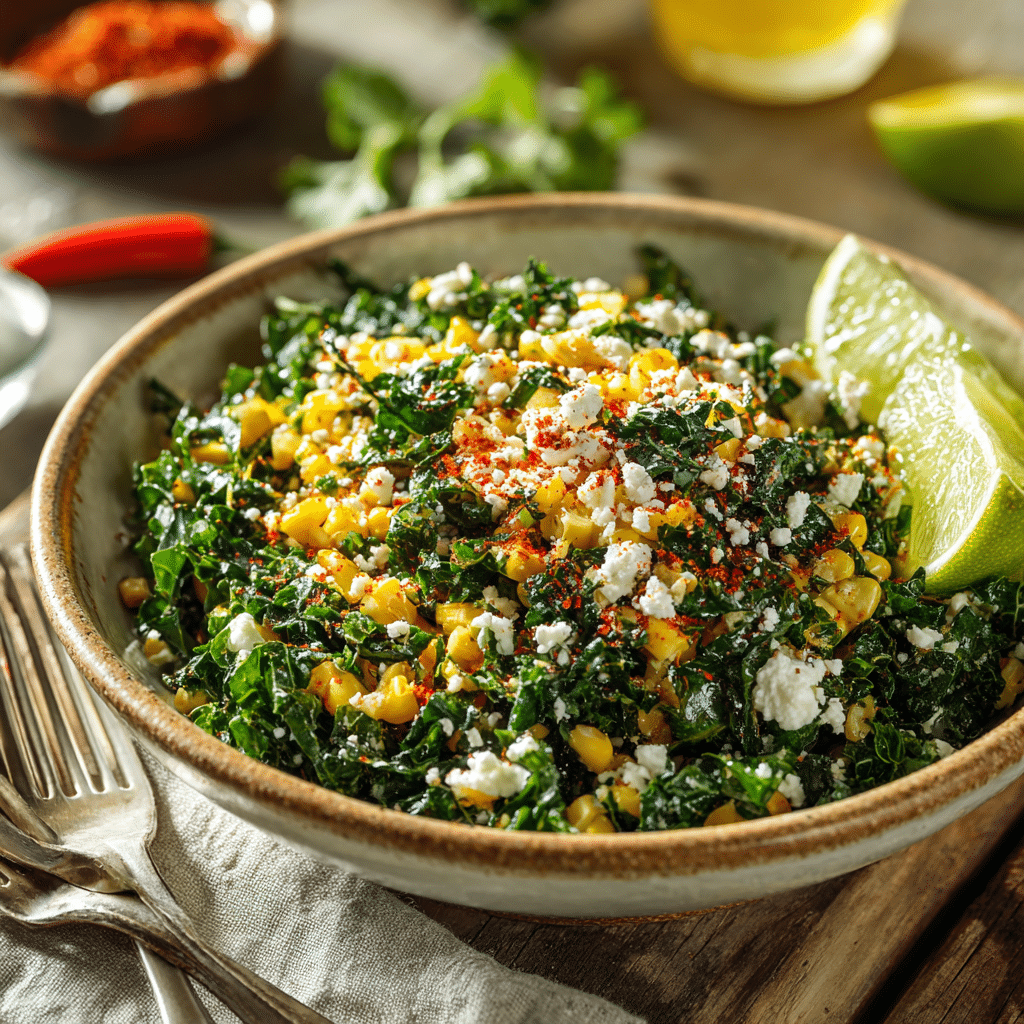 Served bowl of Mexican Street Corn Kale Salad with lime and chili