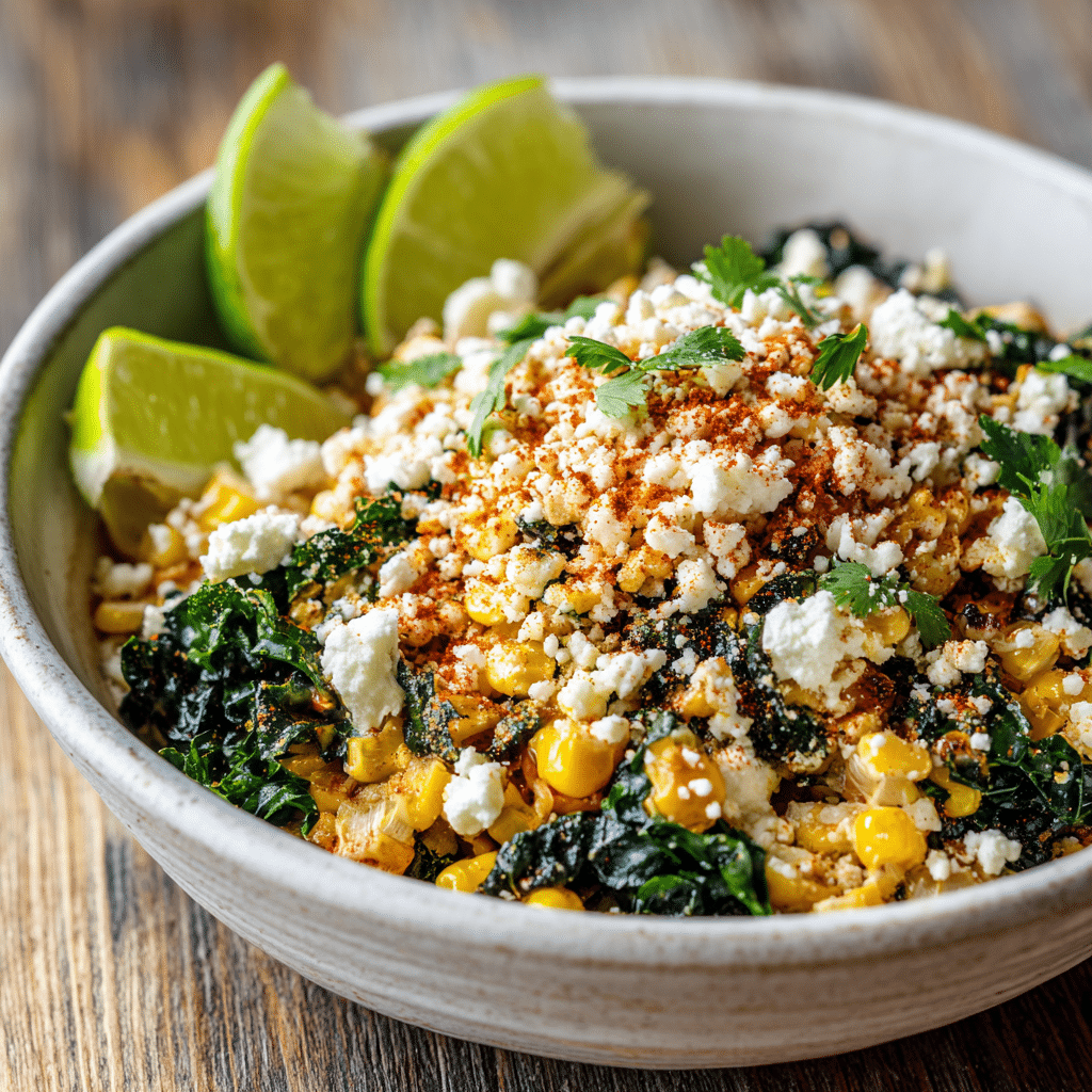 Mexican Street Corn Kale Salad in a ceramic bowl with lime and Cotija