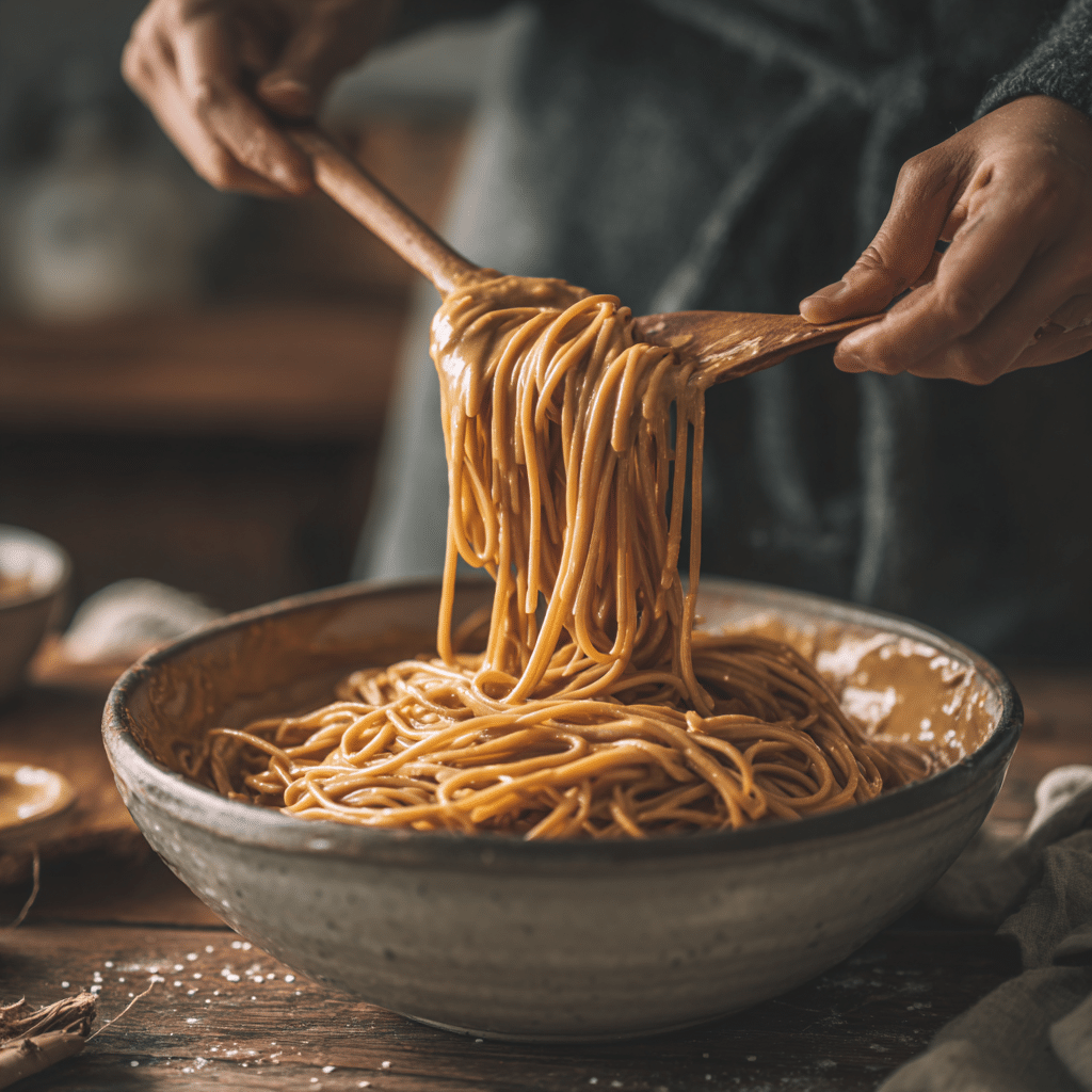Noodles being tossed with creamy peanut sauce in a mixing bowl.