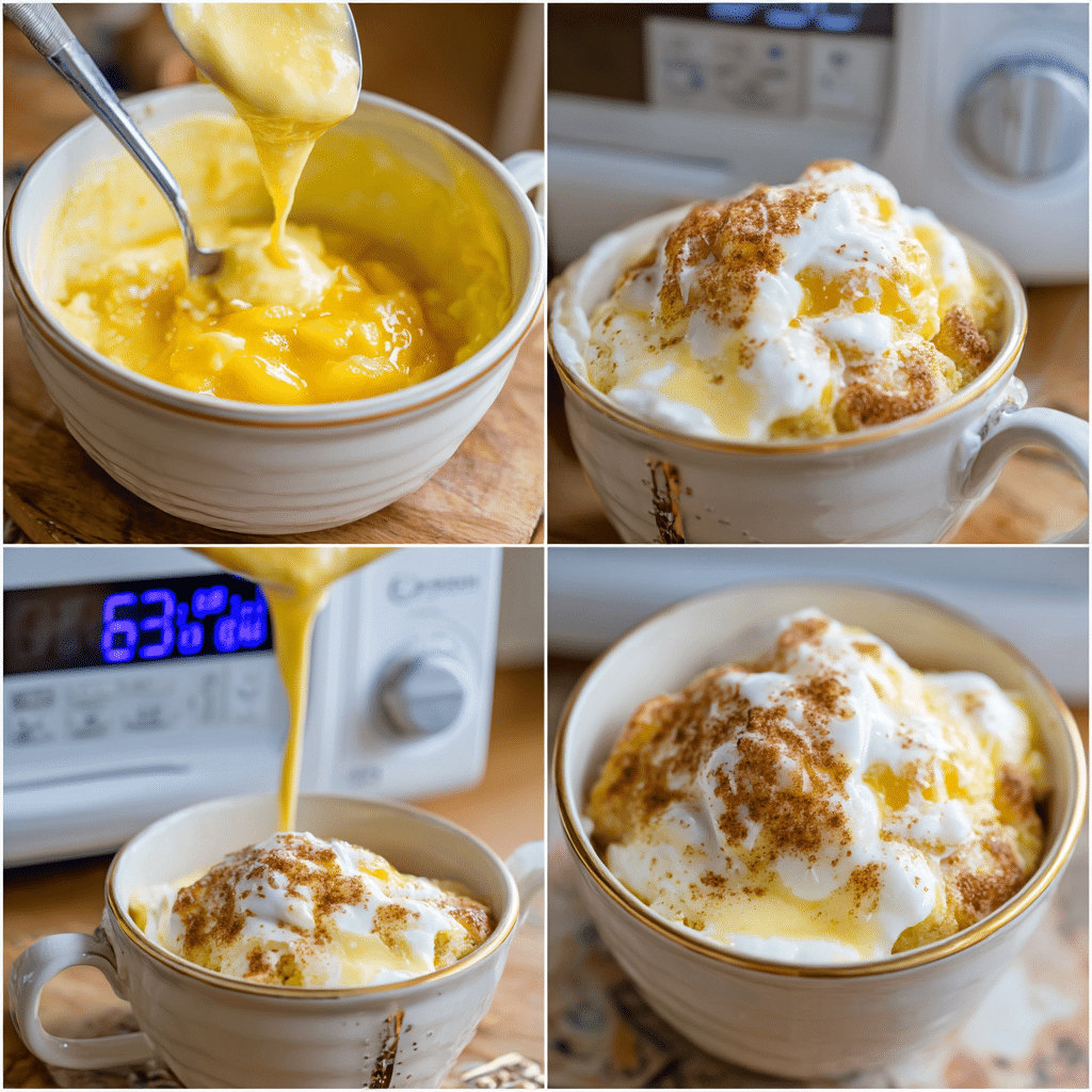 Step-by-step photos of gluten free peach cobbler being made in a mug