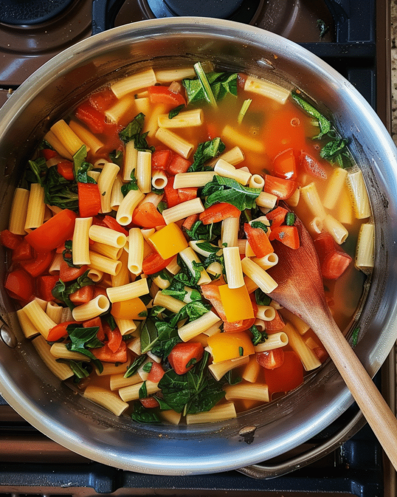 Cooking One Pot Veggie Pasta with simmering vegetables and pasta