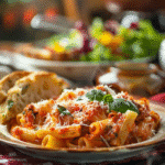 One Pot Veggie Pasta in rustic bowl with fresh vegetables