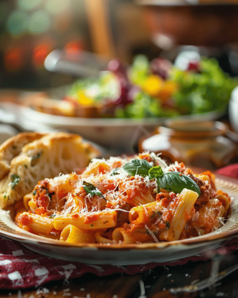 One Pot Veggie Pasta in rustic bowl with fresh vegetables
