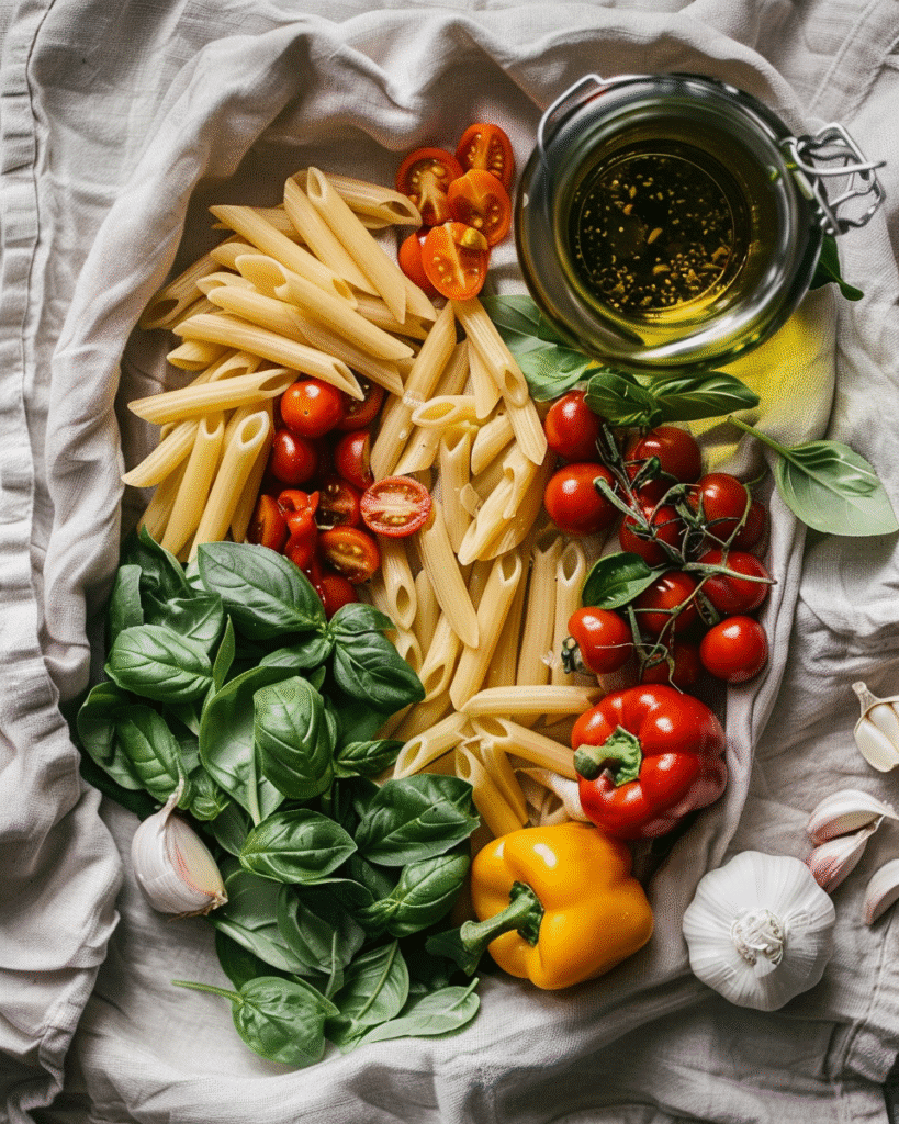 Fresh vegetables and pasta ingredients for One Pot Veggie Pasta