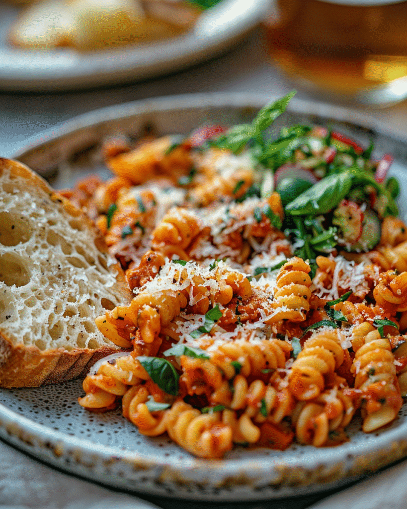 Served One Pot Veggie Pasta on plate with basil and Parmesan