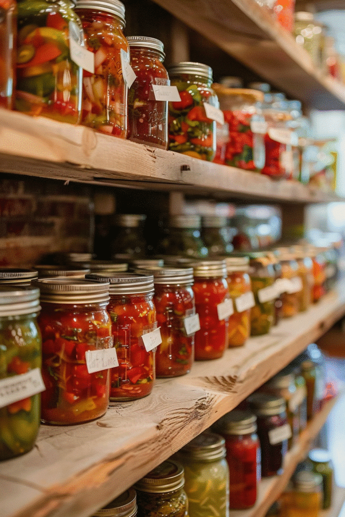 Canned homemade salsa jars on shelf