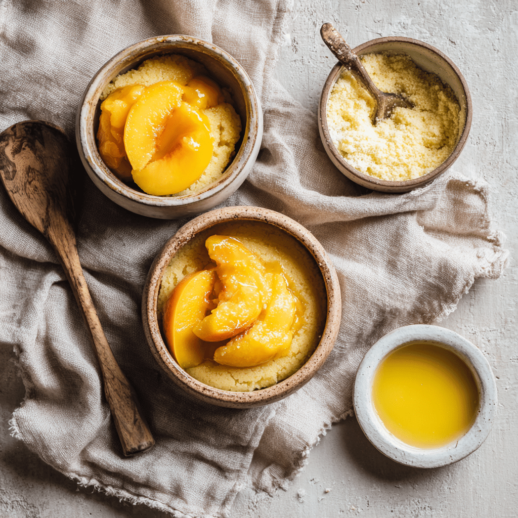 Flat lay of cake mix, canned peaches, and melted butter on rustic cloth