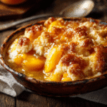 Southern Peach Cobbler With Frozen Peaches in rustic dish