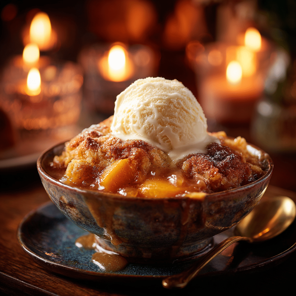 Peach cobbler with melting vanilla ice cream in a dessert bowl