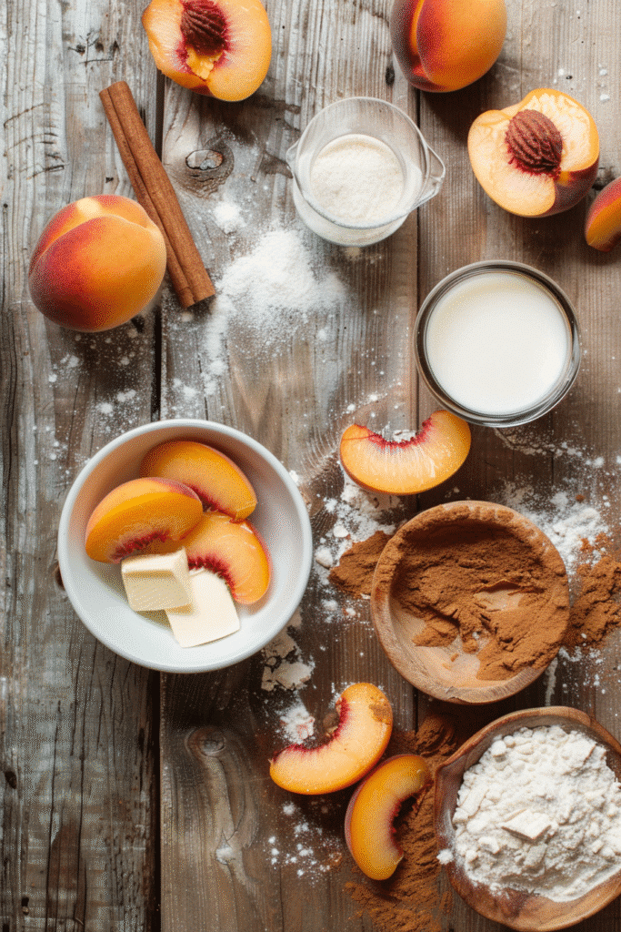  Ingredients for Easy Southern Peach Cobbler including peaches, flour, sugar, and cinnamon