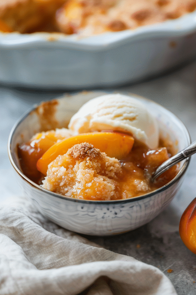 Serving of Southern peach cobbler with vanilla ice cream in ceramic bowl