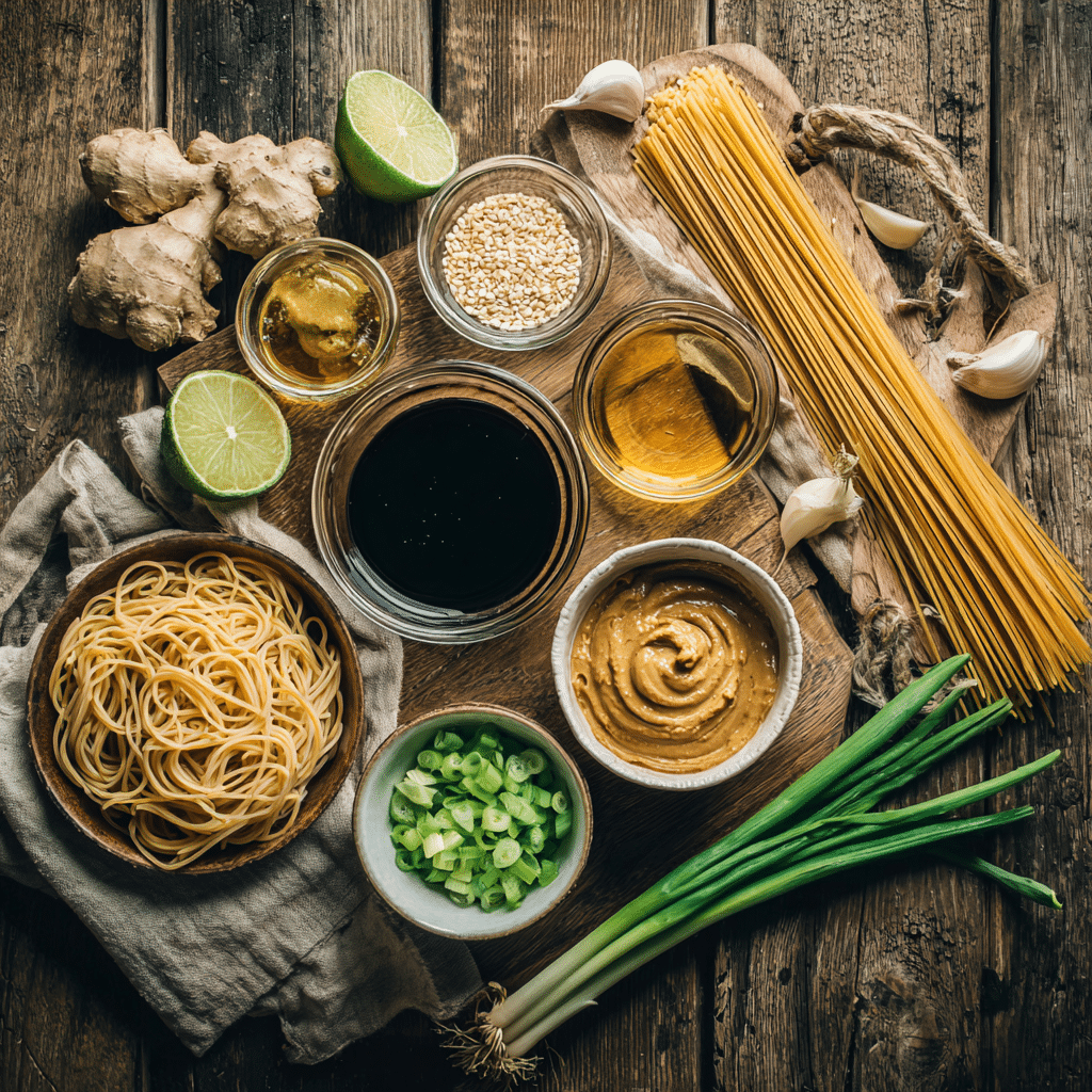 Ingredients for peanut sauce noodles arranged on a rustic table.