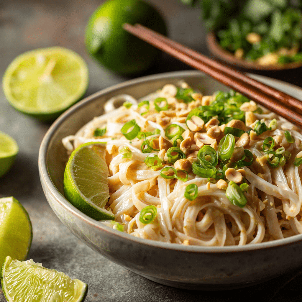 Peanut noodles served with chopsticks and fresh toppings.