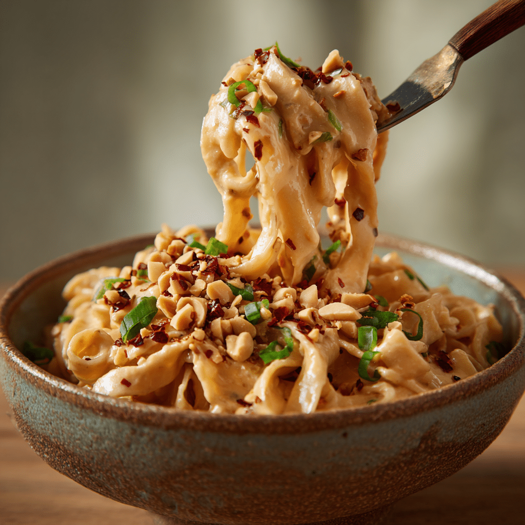 Peanut sauce noodles served in a ceramic bowl with peanuts and green onions.