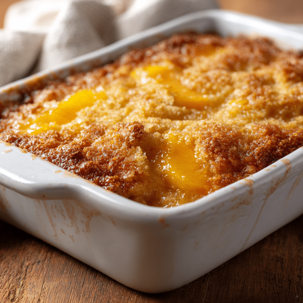 Freshly baked peach cobbler in a white 8x8 dish with golden crust