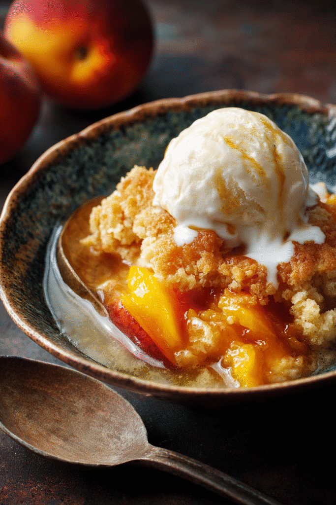 Serving Cobbler With Fresh Peaches and Ice Cream