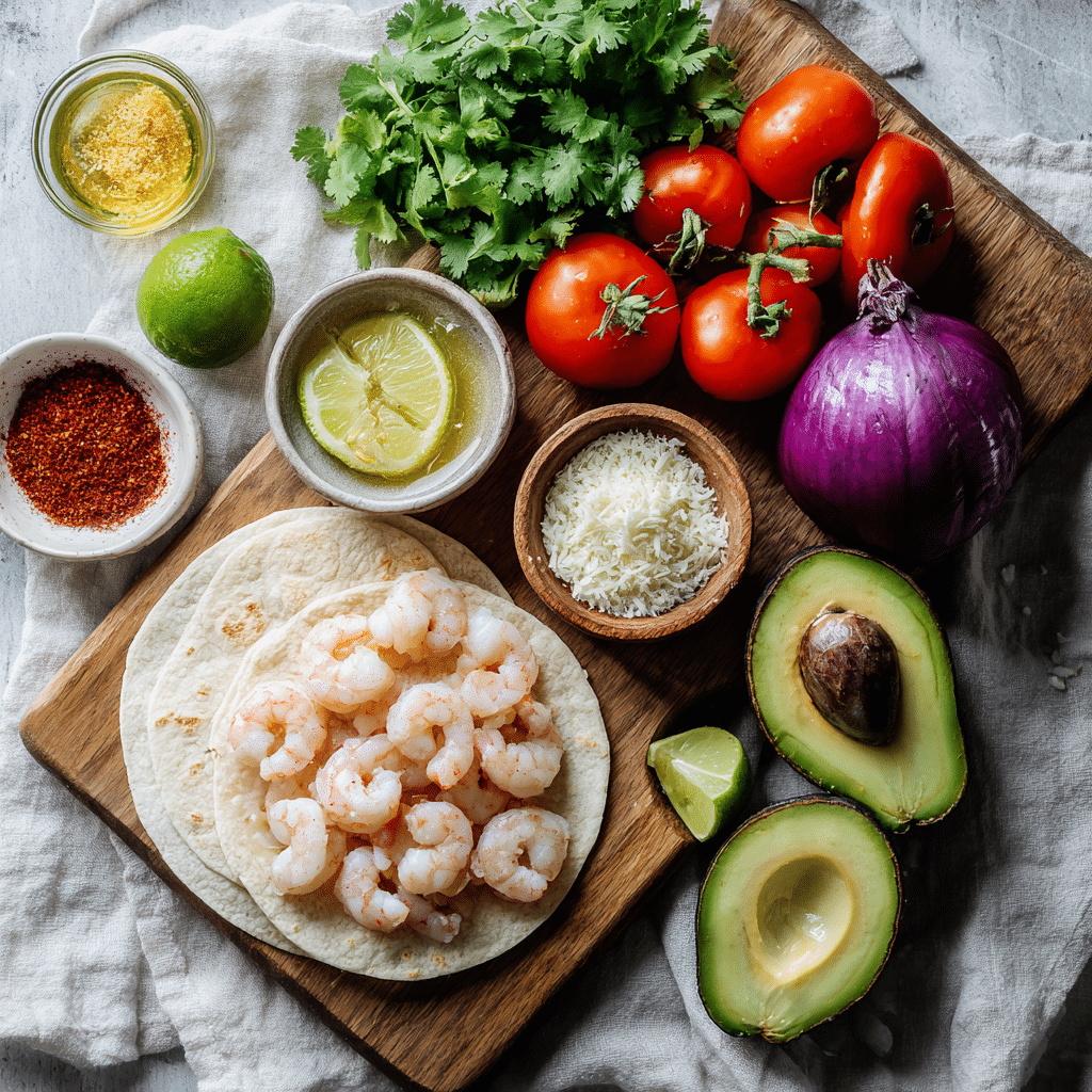 Ingredients for Easy Summer Shrimp Tostadas with Guac & Fresh Salsa with guacamole and salsa
