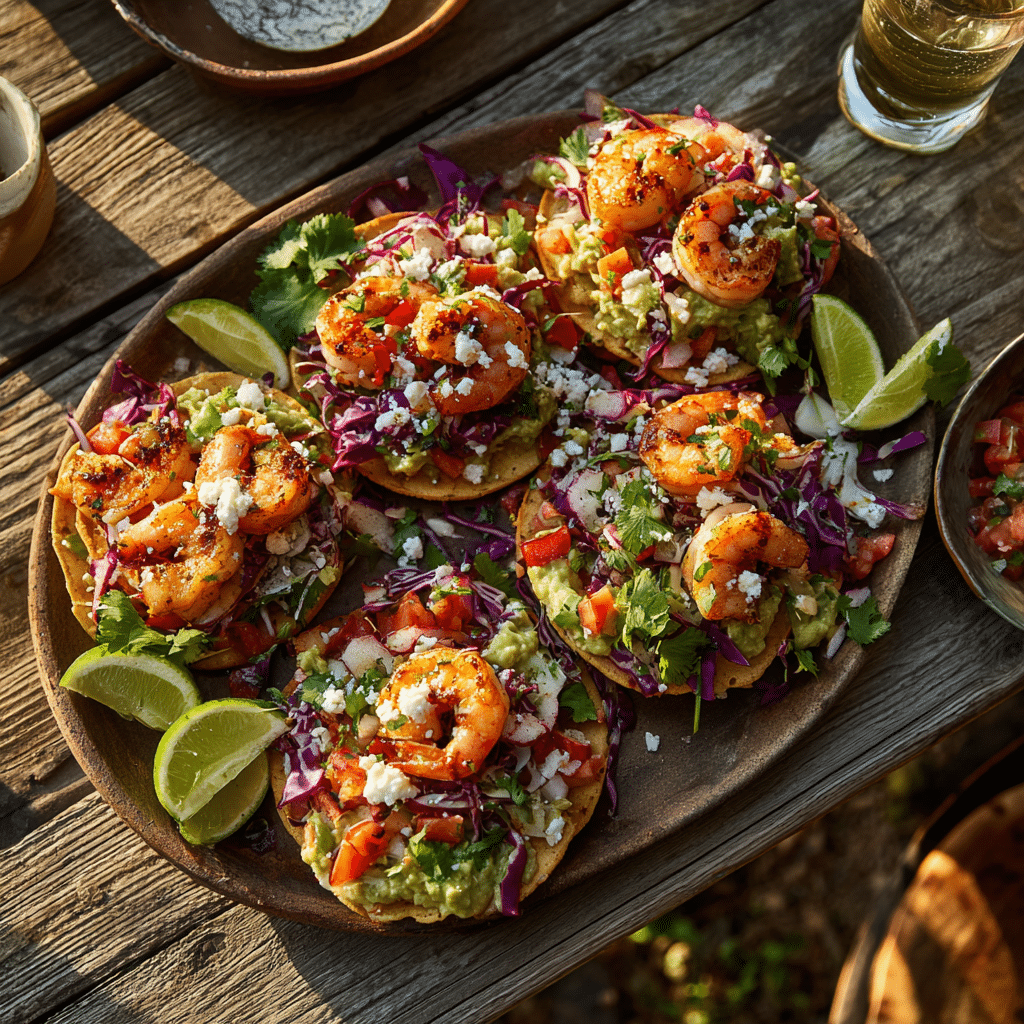 Plate of shrimp tostadas ready to serve with lime and salsa