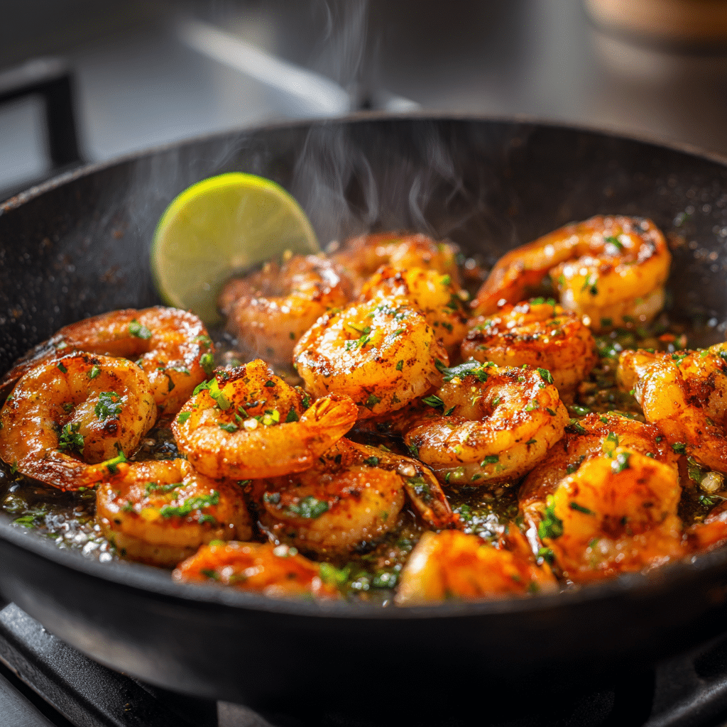 Spiced shrimp cooking in skillet for tostadas
Easy Summer Shrimp Tostadas with Guac & Fresh Salsa
