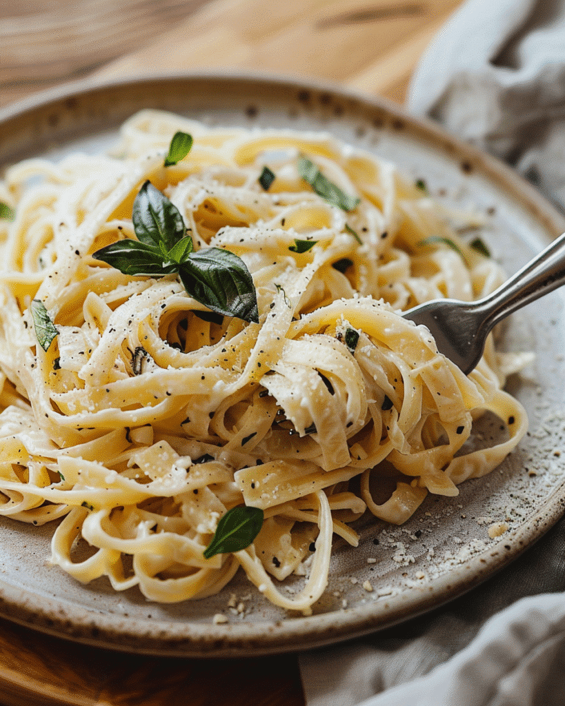 Vegetarian pasta served for one with basil on a cozy farmhouse plate